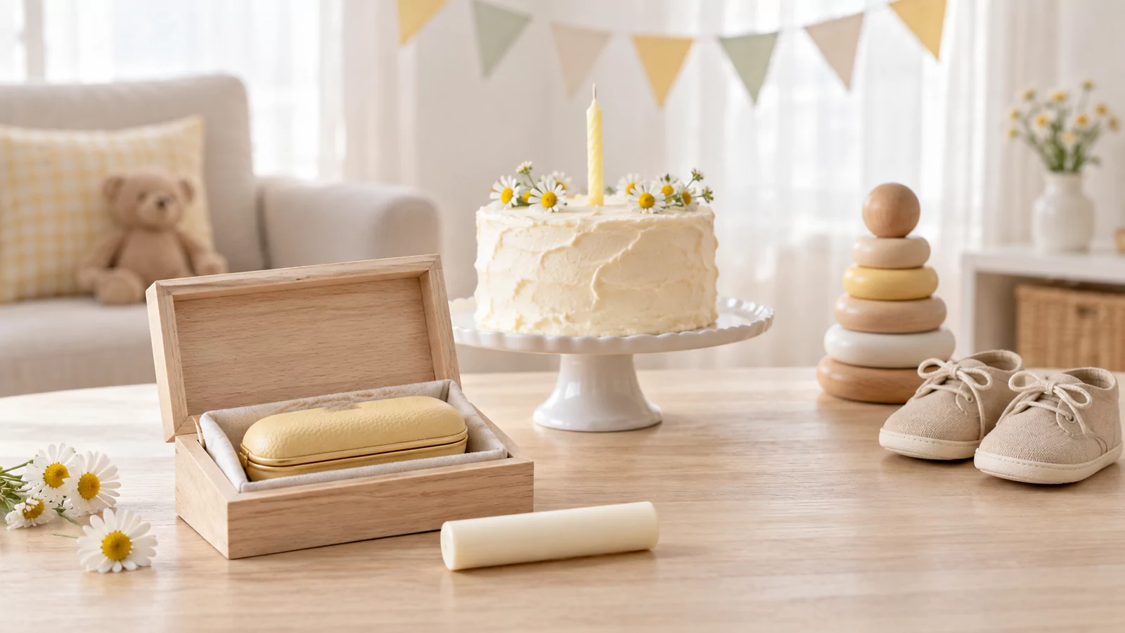 明るい部屋の木のテーブルに、ろうそくを1本立てた白い小さなケーキ、木の積み輪のおもちゃ、小さなベージュの靴、白い小花、桐箱に入った淡い黄色の革の印鑑ケース、横に寝かせた白水牛の印材が置かれた写真