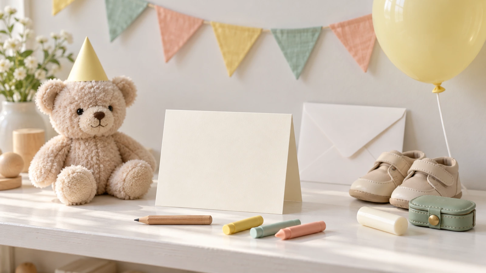 明るい子ども部屋の白い棚を、正面から見た写真。中央に、何も書かれていない生成りの二つ折りカードが立ててあり、手前に短い鉛筆と3色のクレヨンが並ぶ。左には三角の紙の帽子をかぶったくまのぬいぐるみ、右には白い封筒、ベージュの小さな靴、淡い黄色の風船がある。右手前には、横向きに置いた乳白色の印材と、閉じた若草色の革のケースが並び、壁には黄色・緑・桃色の無地の旗飾りが掛かっている