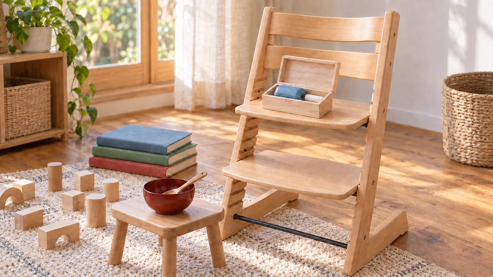 日の差す子ども部屋で、高さを変えられる木の子ども用椅子の座面に、水色の印鑑ケースと白い印材を入れた桐箱をのせ、手前の小さな木の台に赤い漆塗りの椀と木のさじ、床に文字のない積み木と布張りの絵本を並べた写真