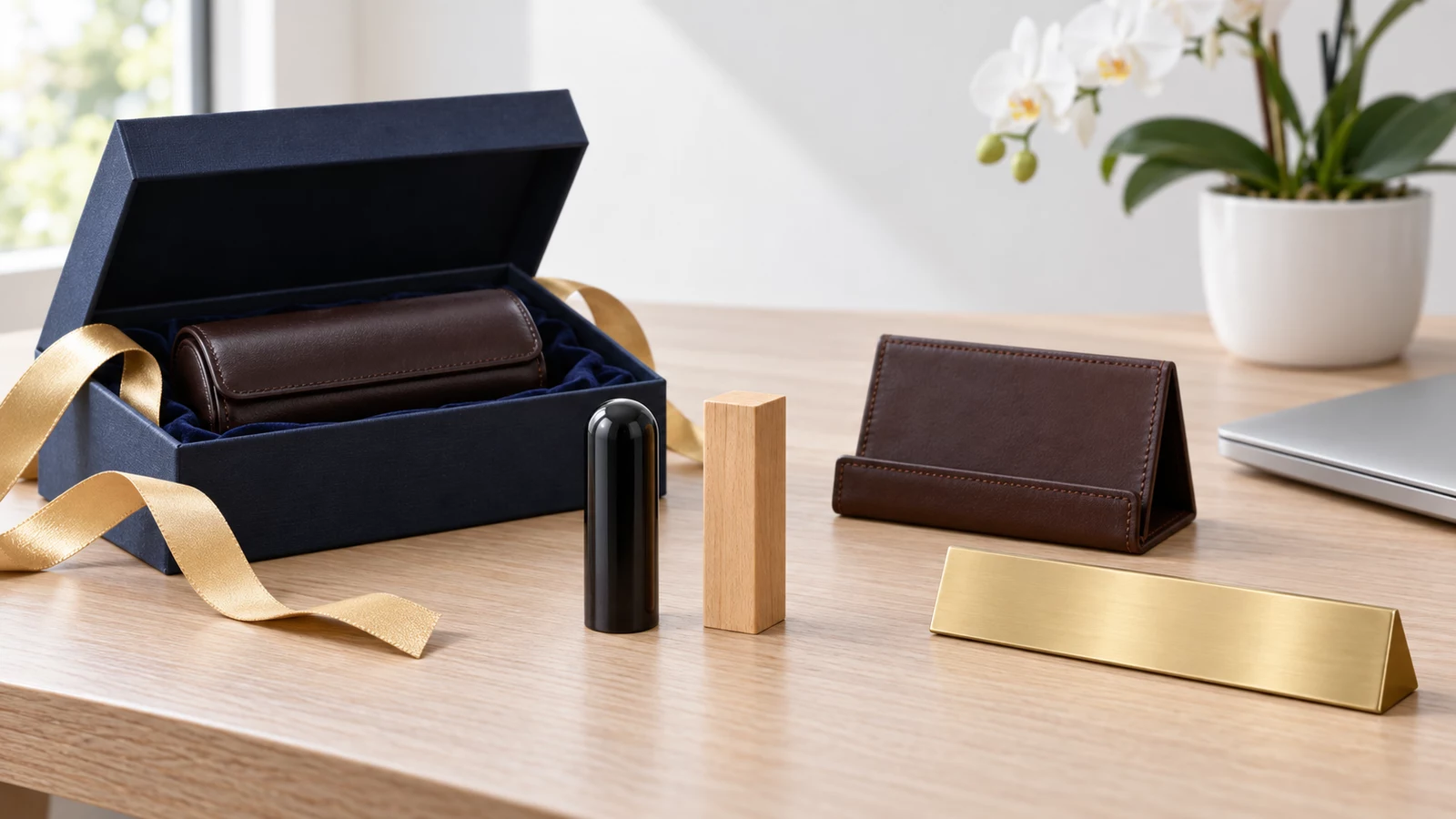 明るい木の机の上に、金色のリボンをほどいた紺色の贈答箱と、その中のこげ茶色の革の印鑑ケース、手前に立てて置いた天丸の黒水牛の印材と四角い柘の印材、革の名刺立て、無地の真鍮のネームプレート、奥に白い胡蝶蘭の鉢が見える写真