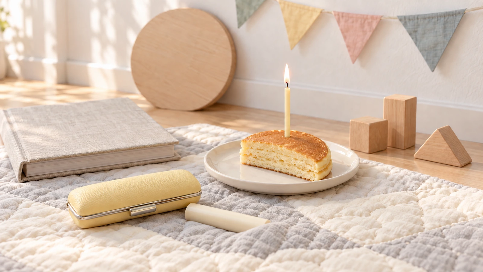 明るい子ども部屋の、キルトのマットを敷いた木の床。半分に切った丸いパンケーキに細いろうそくを1本立てた皿、無地の木の積み木、麻の表紙のアルバム、何も彫っていない丸い木の板、淡い黄色の印鑑ケースと白い印材を並べ、奥の壁に無地の三角の旗を飾った写真