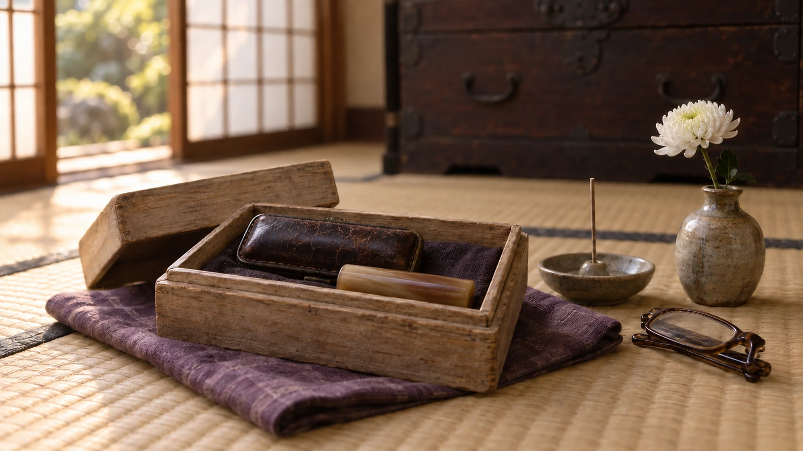 畳の和室で、たたんだ紫の絹布の上に角の丸くなった古い桐箱を開き、使い込まれた焦げ茶の革ケースと飴色の角の印材を収め、横に火を付けていない線香立て、白い菊を挿した一輪挿し、たたんだ老眼鏡を置いた写真
