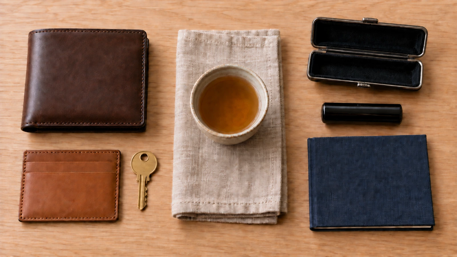 明るいオークの机を左右に分け、左に焦げ茶の革の二つ折り財布と薄いカードケース、真鍮の鍵、右に開いた黒い革の印鑑ケースと黒水牛の印材、紺色の布表紙の冊子を置き、まん中にたたんだリネンと湯のみを置いた俯瞰の写真