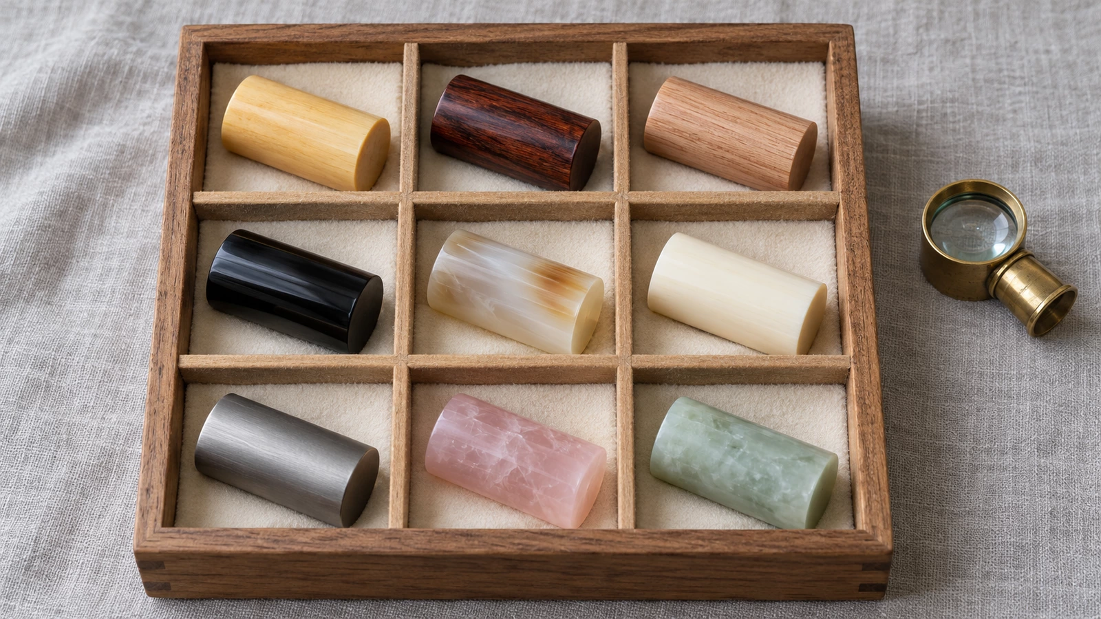 灰色の麻布の上に9つに仕切った木箱があり、淡い黄色の木、赤茶の木、明るい茶色の木、黒い角、飴色の筋が入った乳白色の角、クリーム色の印材、銀色の金属、桃色の石、淡い緑の石の印材が1本ずつ横になって入っている。右に真鍮のルーペがある