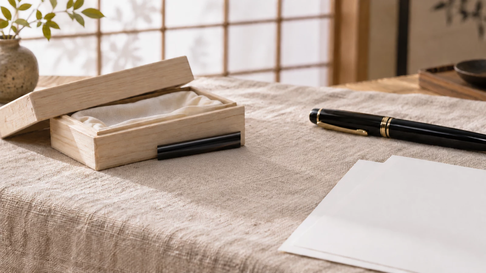 麻のクロスの上に、布を敷いた桐箱と黒水牛の印材、万年筆、白い書類が置かれている