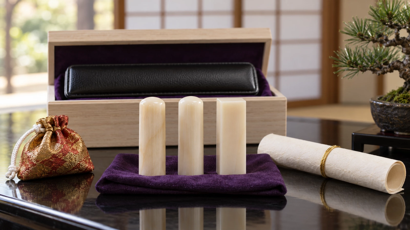 黒い漆塗りの机の上に、紫の布を敷いた桐箱と黒い革の印鑑ケース、白水牛の丸い印材2本と四角い印材1本、金と赤の錦のお守り袋、金のひもで結んだ無地の和紙の巻物、小さな松の盆栽が置かれ、奥に障子がぼんやり見える写真