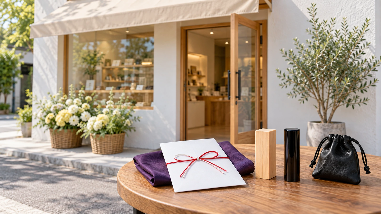 朝の光が当たる、開店したばかりの小さな店の入口を外から見た写真。白い壁に生成りの日よけが掛かり、木枠のガラス戸が少し開いている。戸の脇には白と黄色の花を盛ったかごが2つと、鉢植えのオリーブが置かれている。手前の丸い木のテーブルには、紫の布にのせた紅白の蝶結びの無地の祝儀袋、立てて置いた柘の角の印材と黒い丸の印材、黒い革の巾着が並んでいる