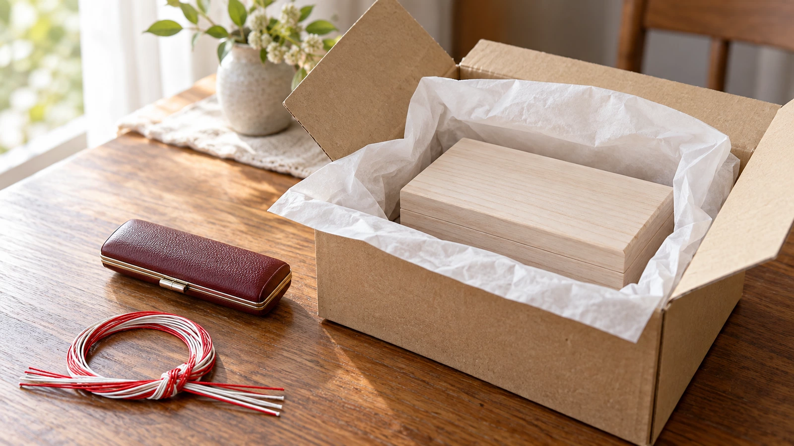 明るい木のテーブルで開いた段ボールの荷物。薄紙に包まれた桐箱、閉じたえんじ色の印鑑ケース、紅白の水引