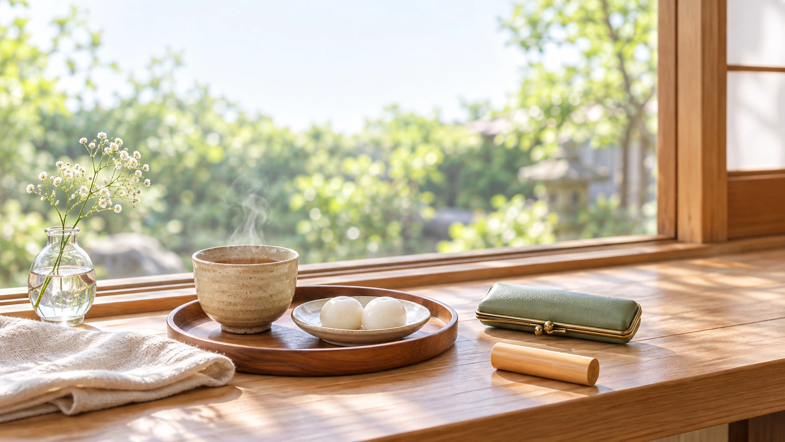 庭の緑が見える明るい窓辺に、湯気の立つほうじ茶と白い団子をのせた丸盆、若草色の印鑑ケース、柘の印材、白い小花を置いた様子