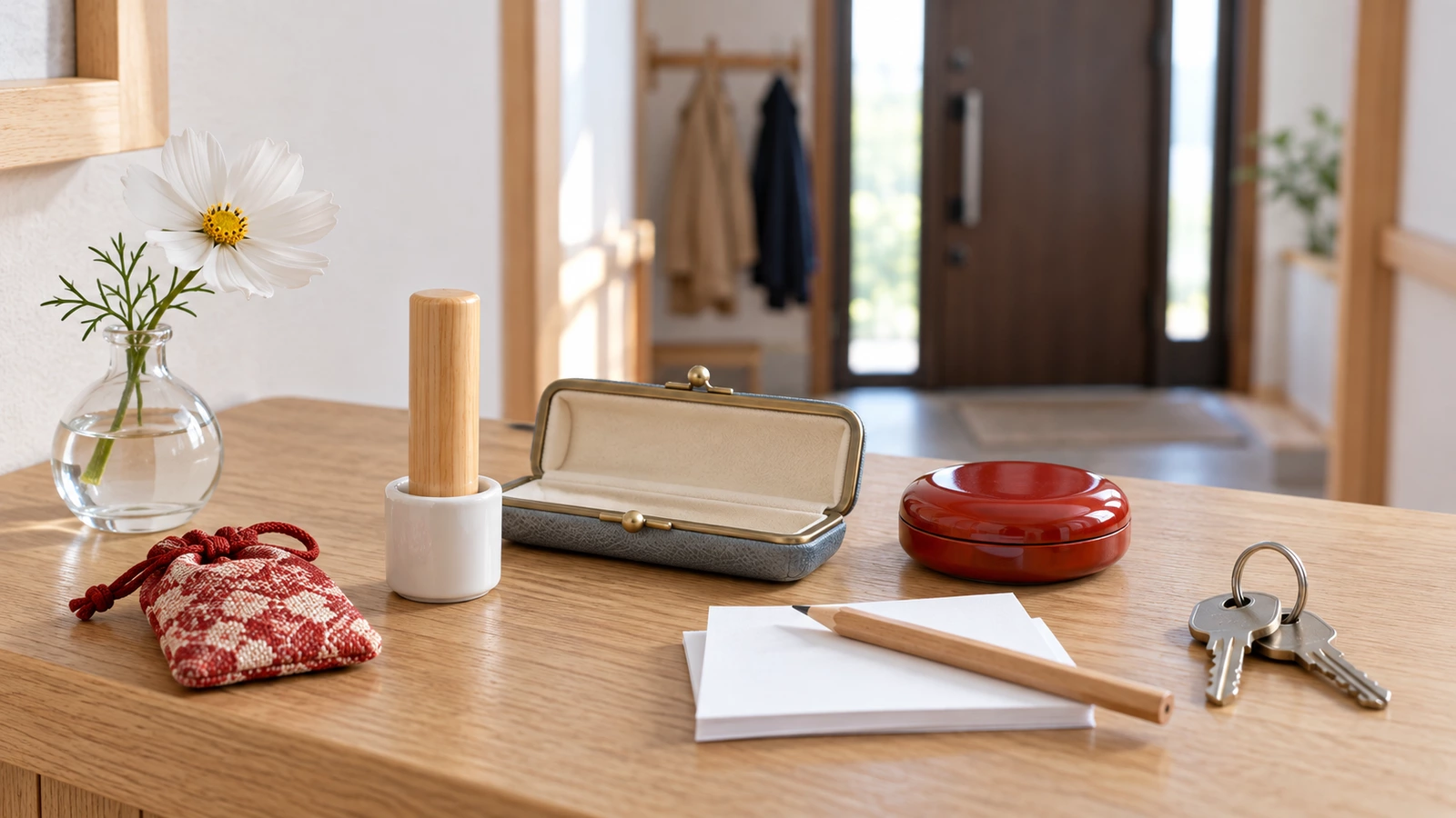 玄関の棚に、小さな陶器の台に立てた柘の印材、開いた印鑑ケース、朱色の朱肉入れ、白い伝票の束、鍵、紅白のお守り袋を置いた様子