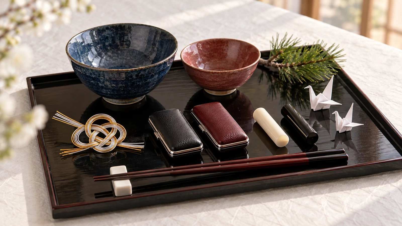 黒い漆の盆の上に、藍色と赤色の大小の茶碗、塗りの箸と箸置き、黒とワインレッドの革の印鑑ケース、白水牛と黒水牛の印材、金銀の水引、白い折り鶴2羽、松の枝を並べた写真