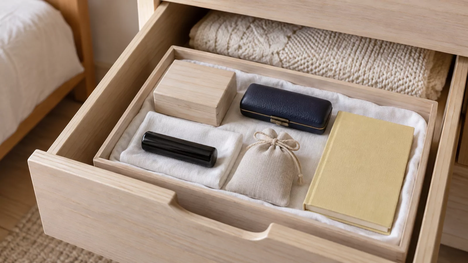 桐のたんすの引き出しを開けたところ。白い布を敷いた箱の中に、小さな桐箱、紺色の印鑑ケース、たたんだ布にのせた黒水牛の印材、麻の小袋、黄色い布張りの帳面が収まっている写真