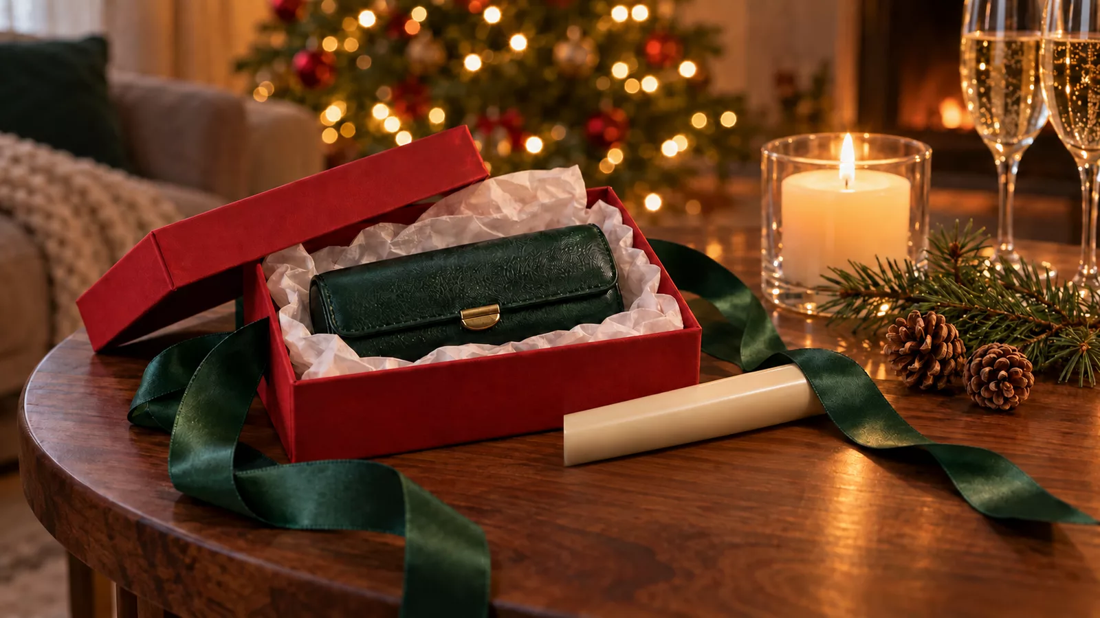 クリスマスツリーの明かりがぼんやりと灯る冬の夜のリビング。丸い木のテーブルに、ふたを開けた赤い小箱が置かれ、白い薄紙の上に深緑の革の印鑑ケースが収まっている。箱のまわりにはほどいた緑のリボンが広がり、手前に乳白色の印材が横向きに置かれている。奥には火を灯したろうそく、もみの枝と松かさ、グラスが2つ並ぶ