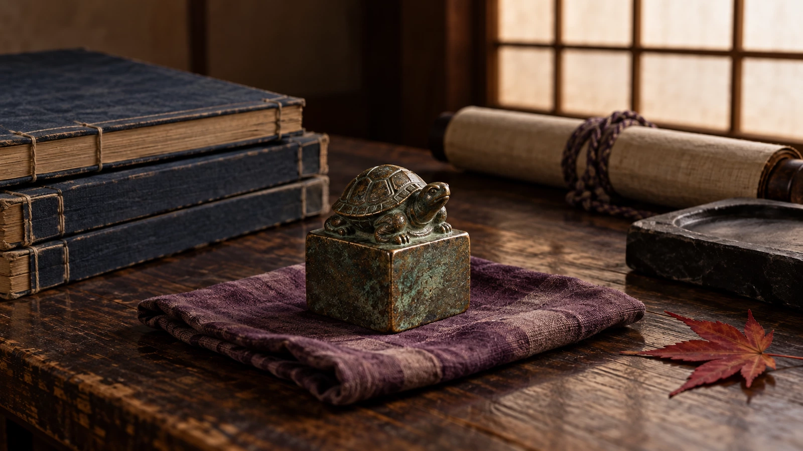 障子越しの光が差す古い書斎の机。紫の布の上に、亀の形のつまみが付いた青銅の角印が置かれ、奥に糸で綴じた古い本、ひもで巻いた掛け軸、硯、紅葉した楓の葉がある