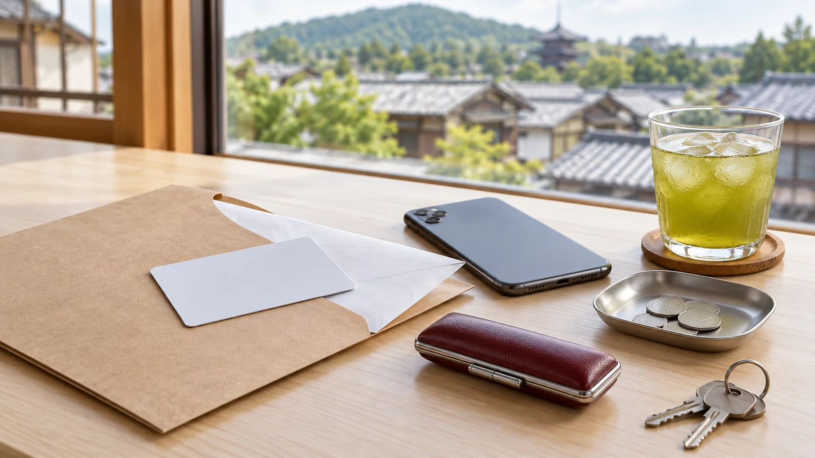 窓の外に京町家の瓦屋根と五重塔、緑の山が見える白樺の机。クラフト紙の書類ばさみから白い封筒がのぞき、その上に無地の白いカードがある。伏せたスマートフォン、銀色の硬貨をのせた小皿、えんじ色の印鑑ケース、鍵、冷たい緑茶のグラスが並んでいる