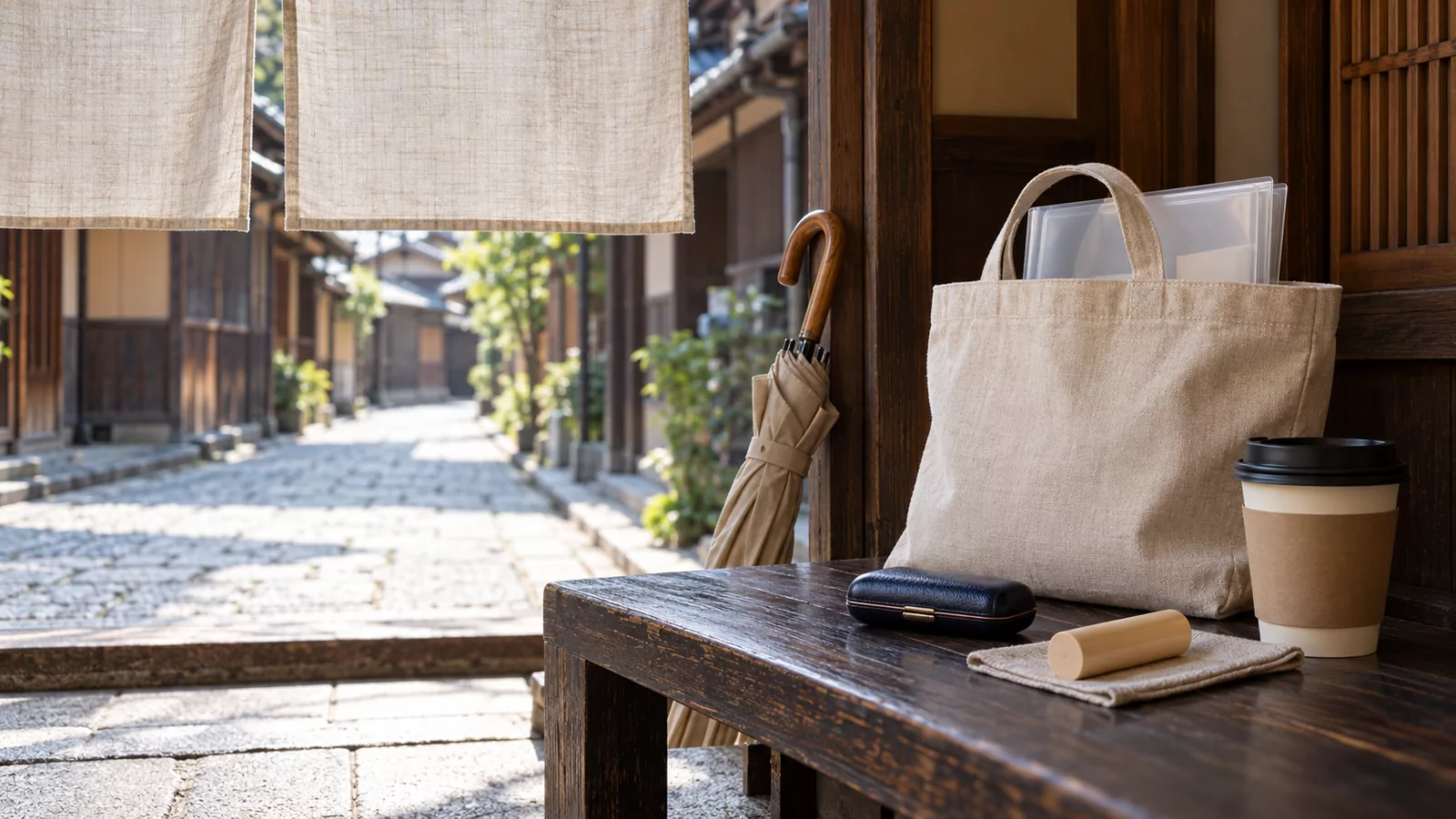 生成りの麻ののれんを片側に寄せた京町家の店先。外には石畳の路地が続く。入口の黒い木の腰掛けに、透明の書類ファイルを入れた帆布のトートバッグ、紺の印鑑ケース、布にのせた柘の印材、紙コップのコーヒーが置かれ、ベージュの傘が立てかけてある