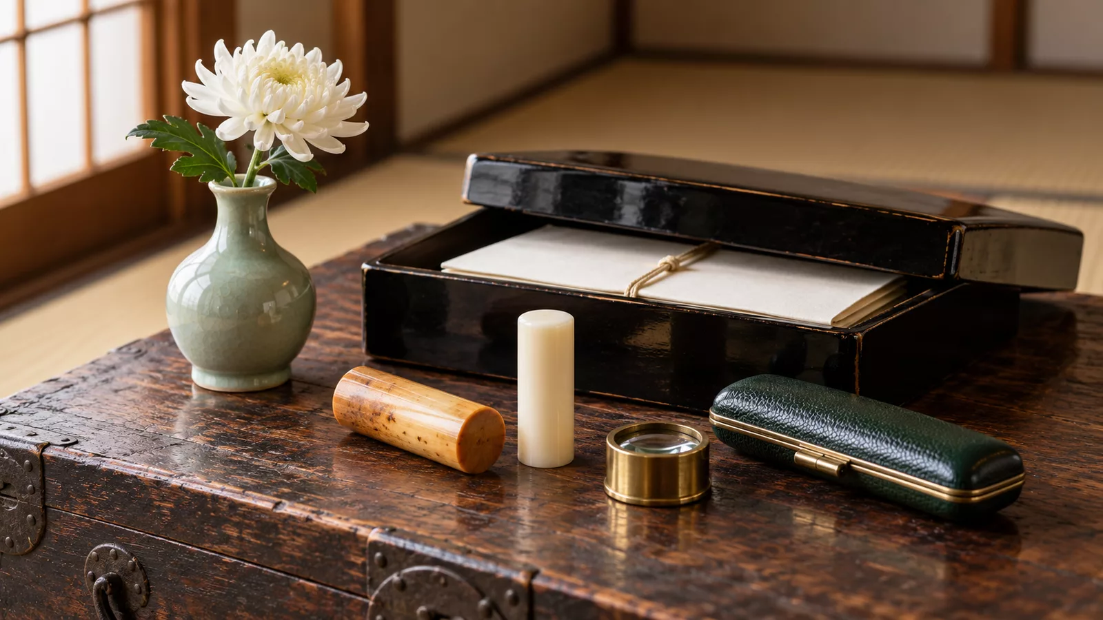 畳の部屋に置かれた古い箪笥の天板を写した写真。黒い漆の文箱のふたが少し開き、ひもで束ねた生成りの紙が見えている。手前に、飴色になった古い木の印材が寝かせてあり、その隣に乳白色の新しい印材が立っている。右に真鍮のルーペと深緑の革の印鑑ケース、左に白い菊を1輪挿した青磁の花びんがある