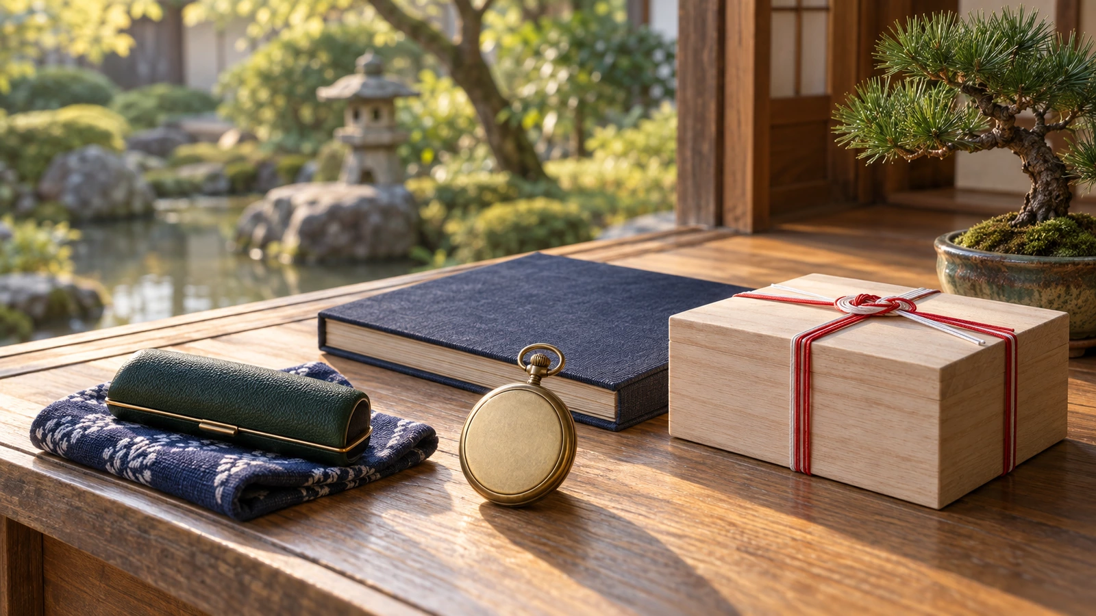 日の当たる縁側に置いた、藍色の風呂敷の上の閉じたままの深緑の印鑑ケースと、文字盤の無い懐中時計、無地のアルバム、水引を掛けた桐箱、小さな松の盆栽