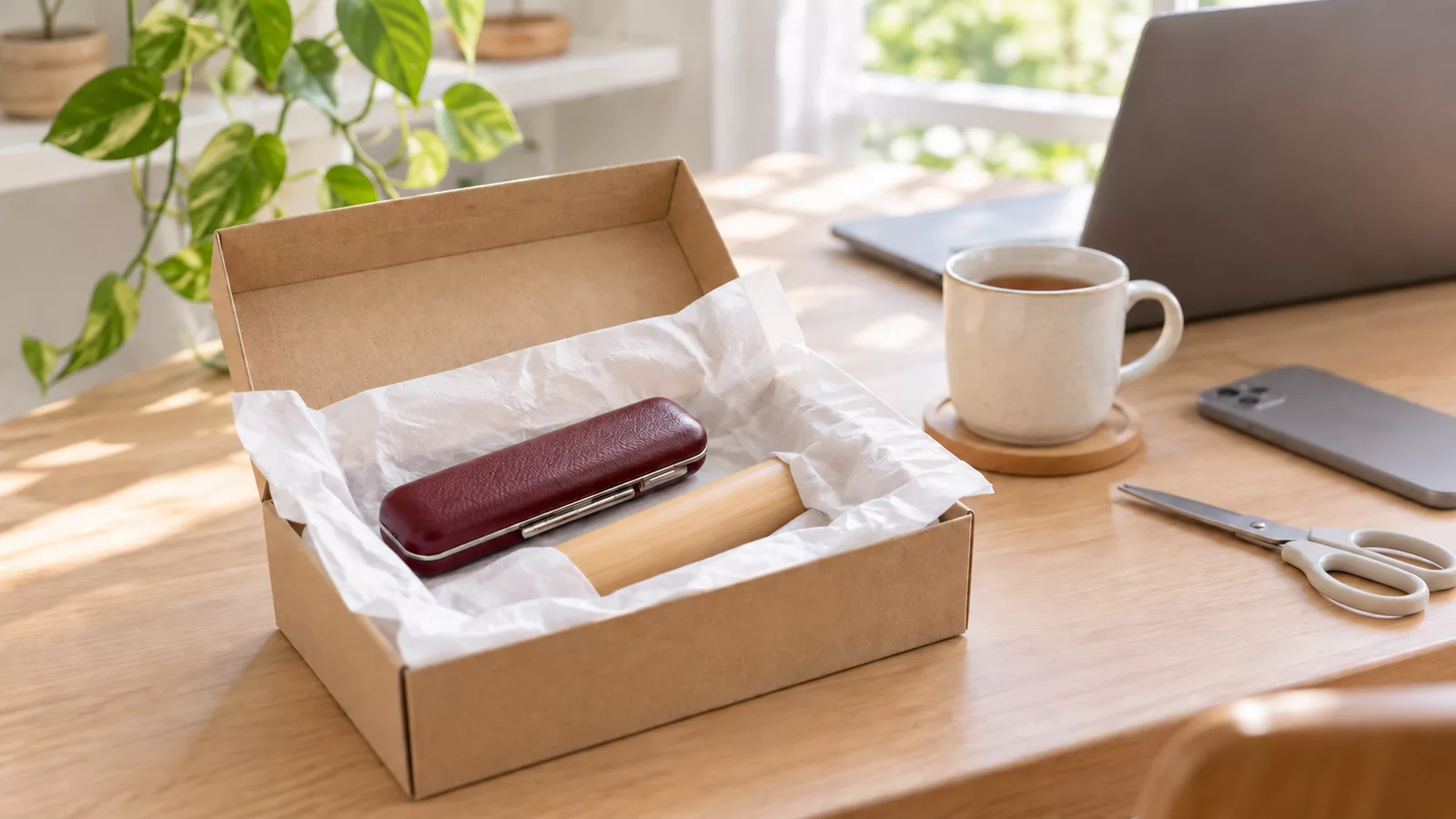窓辺の白い机で、開けたばかりの小さな段ボール箱の薄紙の上に、ワインレッドのレザーケースと柘の印材が置かれている。横にはノートパソコン、お茶のマグカップ、伏せたスマートフォン、はさみ、棚のポトス