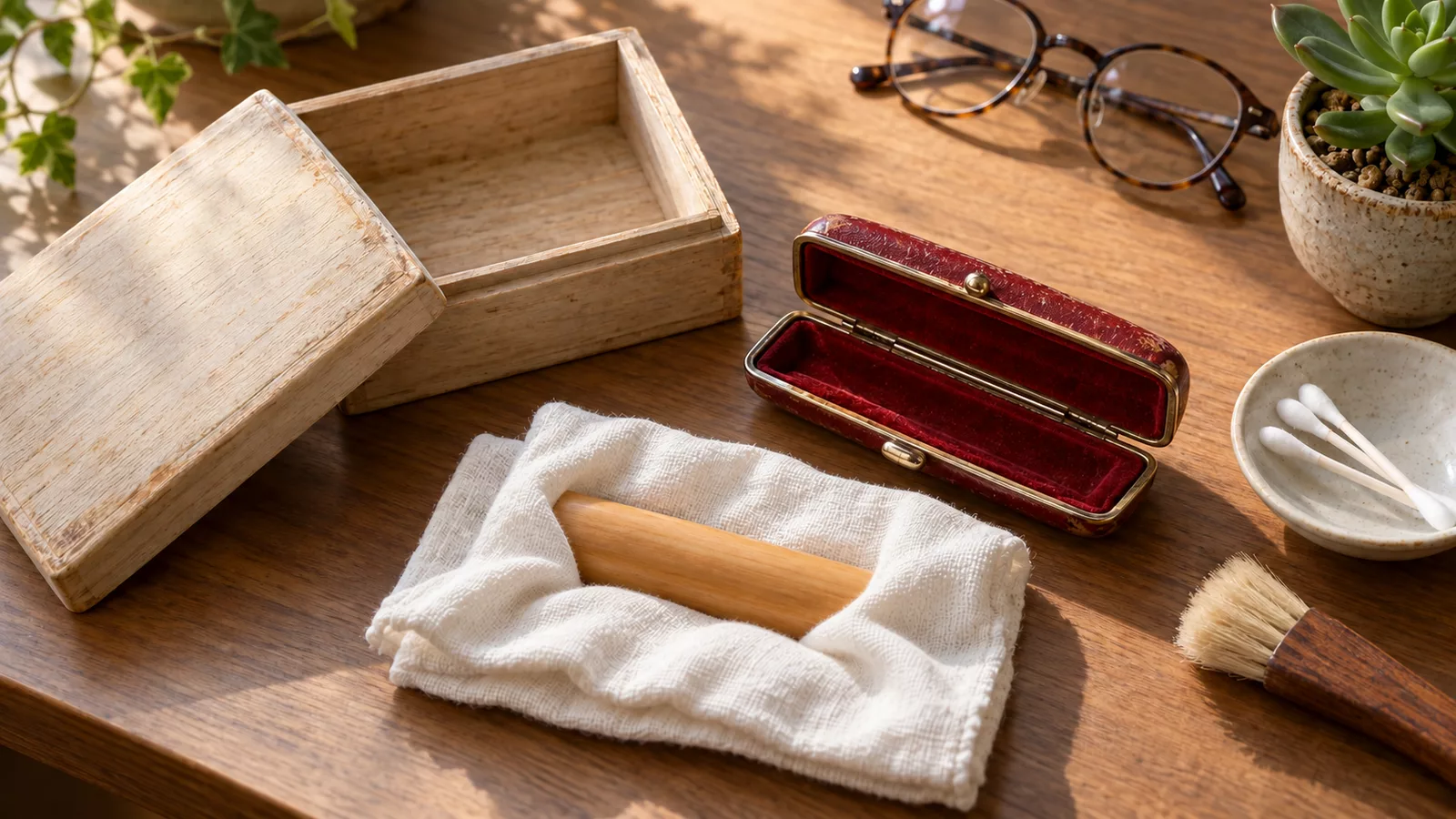 午後の日が差す木の机に、角がすこし傷んだ古い桐箱とそのふた、使い込まれて縁がすれた赤い印鑑ケースが開いて置かれている。手前の白い綿の布に飴色の柘の印材が包まれ、そばに毛のやわらかい刷毛、綿棒を入れた小皿、眼鏡、多肉植物の鉢