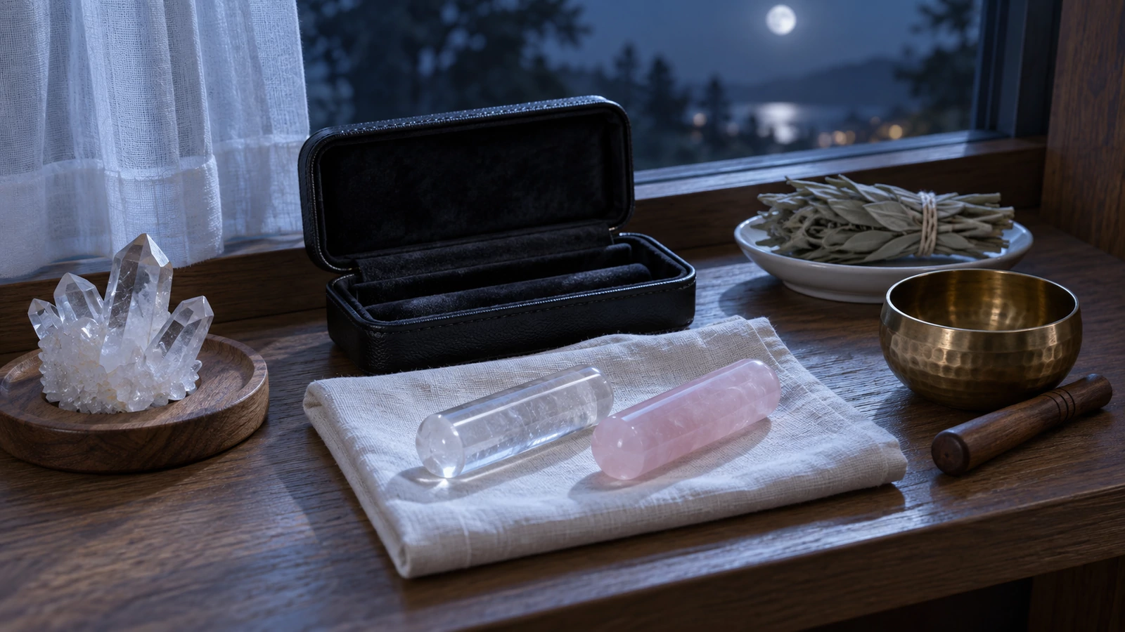 月の出ている夜の窓辺の木の棚に白い麻布が敷かれ、その上に透明な水晶と淡い桃色のローズクォーツの印材が横たわっている。奥にふたを開けた黒い革の印鑑ケース、左に木の皿に載せた水晶のクラスター、右に真鍮のおりんと木の棒、白い皿に載せた乾いたセージの束がある