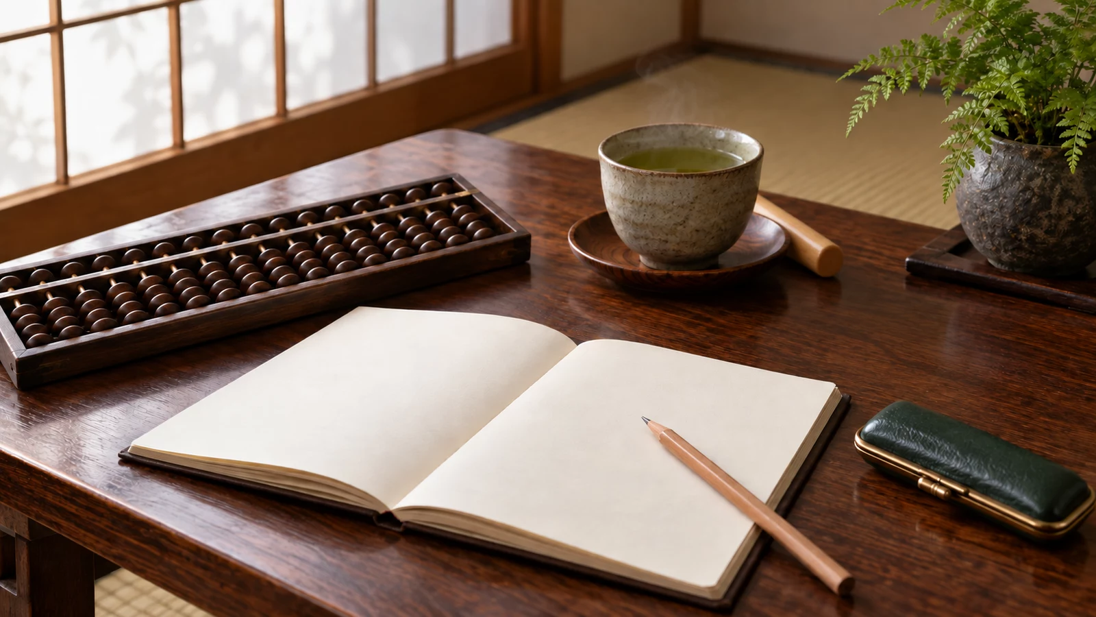 障子ごしの光が入る和室の座卓に、そろばん、何も書いていない帳面と鉛筆、湯気の立つお茶、柘の印材、深緑の印鑑ケースを置いた様子