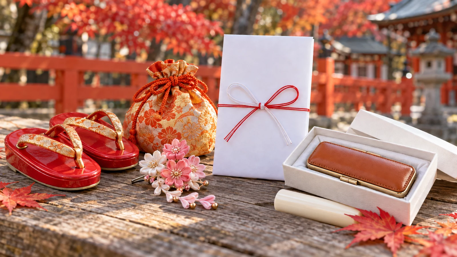 紅葉と朱色の玉垣が見える神社の木の縁台に、赤い子ども用の草履、金とだいだい色の錦の巾着、つまみ細工の髪飾り、紅白の蝶結びの水引を掛けた白い封筒、白い箱に入った茶色の印鑑ケースと白い印材、もみじの葉を並べた写真
