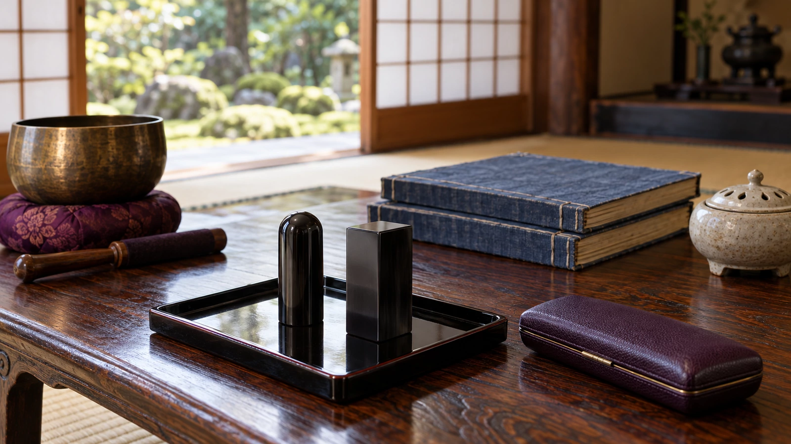 障子の向こうに苔の庭が見える寺の一室を写した写真。欅の文机に置いた黒い漆の盆の上に、黒水牛の丸い印材と四角い印材が立ててあり、横に紫色の革の印鑑ケースがある。奥には、紫の座布団にのせた真鍮のおりんと棒、藍色の表紙の和綴じの帳面2冊、陶器の香炉が並んでいる
