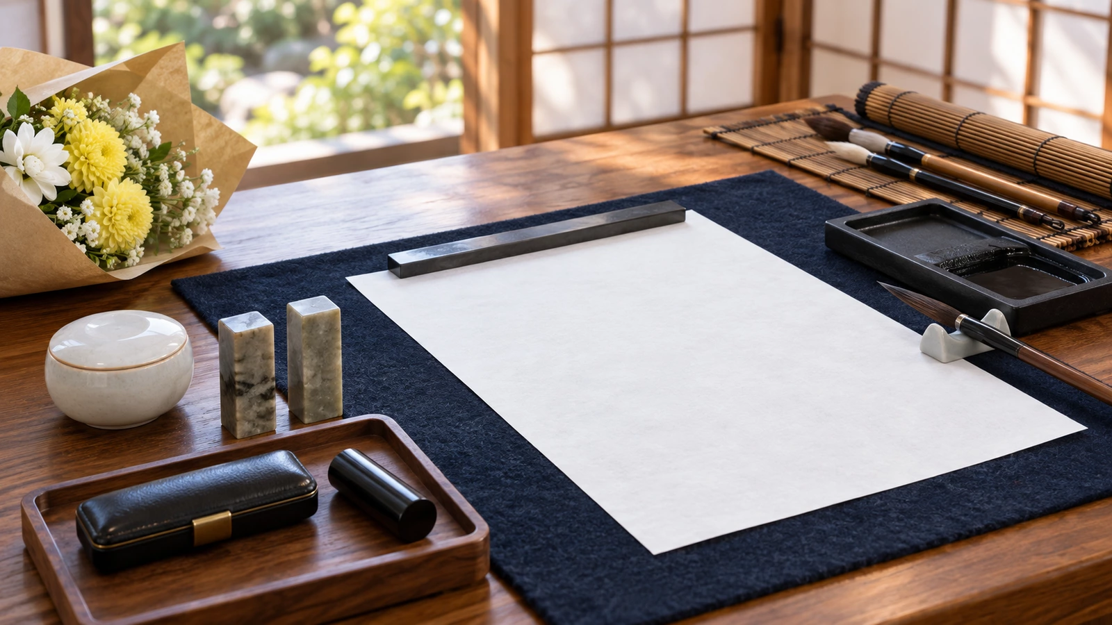 障子のある部屋の木の机に、書道の道具を並べた写真。紺色の下敷きの上に、文鎮で押さえた白い和紙が1枚ある。右に硯と筆、奥に筆巻き、左に白い磁器のふた付きの器と、四角い石の印材が2本立っている。手前の木の盆には、黒い革の印鑑ケースと黒い丸い印材が1本、左奥には白と黄色の花束が置いてある