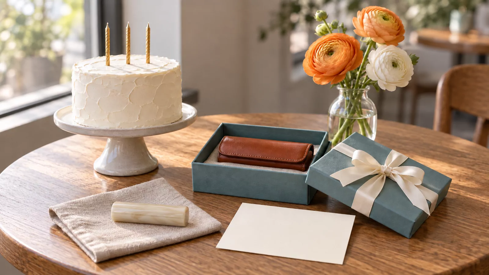 窓ぎわの丸い木のテーブルに、金色のろうそくを3本立てた白い誕生日ケーキ、リボンをほどいた青緑の箱に入った茶色の革の印鑑ケース、リネンの上に横たえた白水牛の印材、無地のカードとラナンキュラスの花が並んだ写真