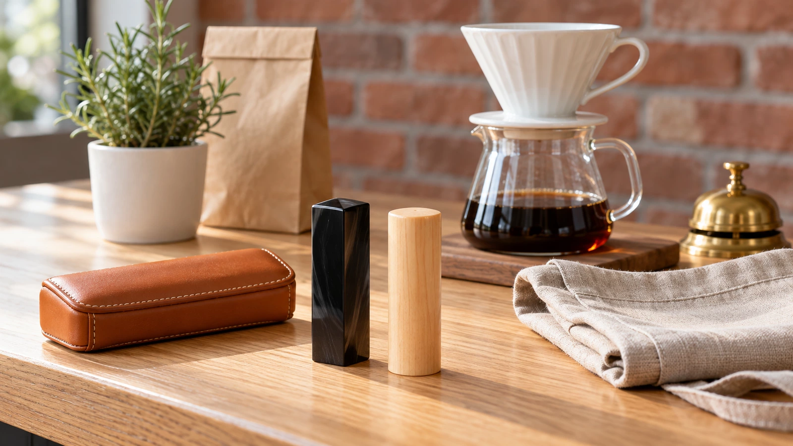 カフェの木のカウンターに、黒水牛の角印の印材と薩摩本柘の丸印の印材が並んで立ち、キャメルの革ケース、白いコーヒードリッパーとガラスのサーバー、たたんだ麻のエプロン、無地のクラフト紙の袋、ローズマリーの鉢、真鍮のベルが置かれている