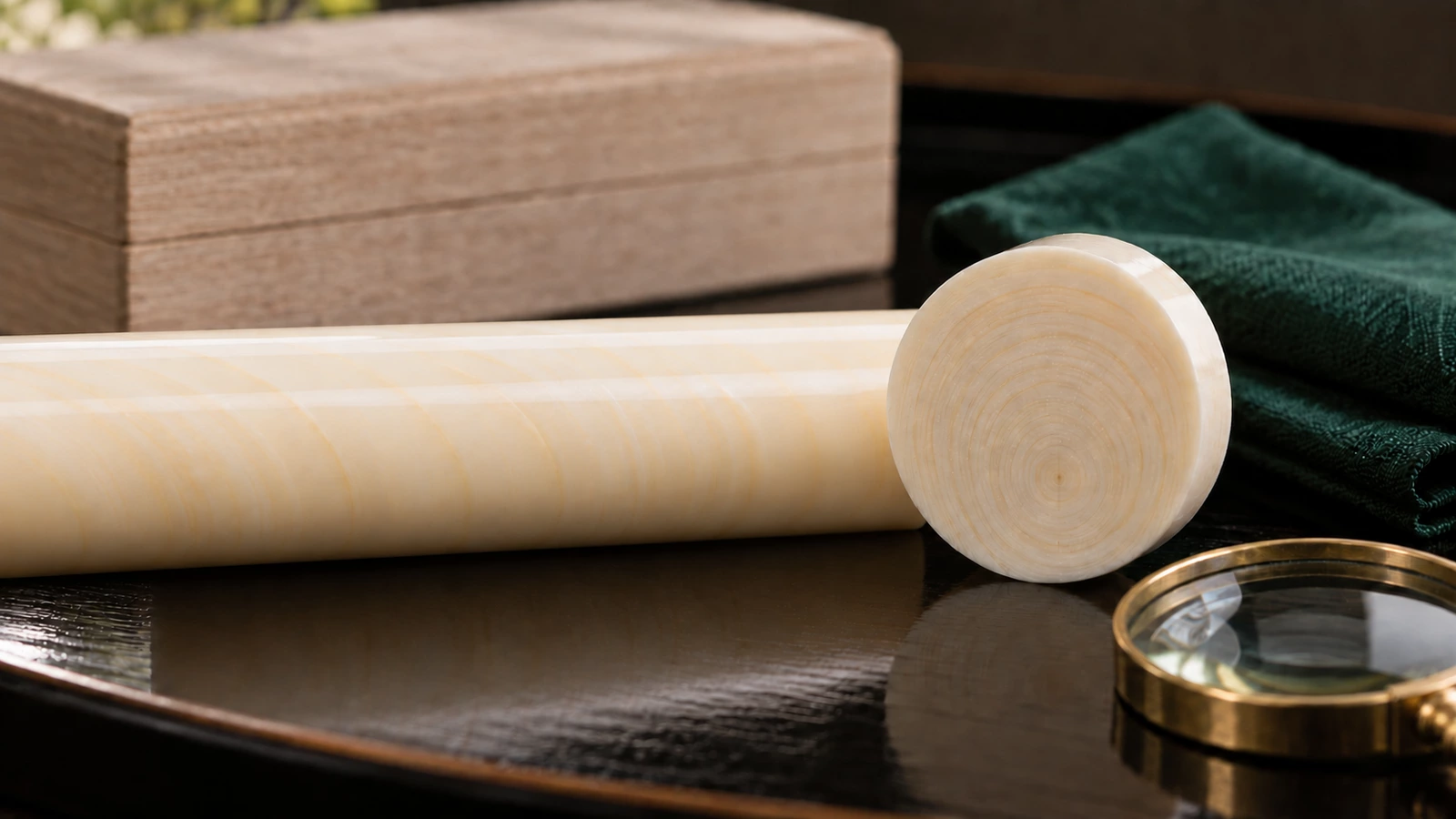 黒い漆のトレーに横たえた象牙色の印材。磨いた側面に、年輪のような幅の広い弧の模様がうっすら見える。横に、同じ素材の断面を立てた輪切りの円盤、真ちゅう縁の拡大鏡、深緑の絹の布、奥に桐箱