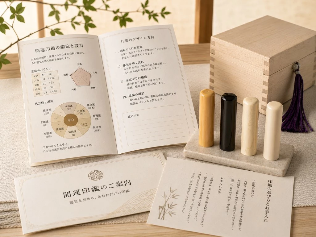 開運印鑑の案内イメージ。鑑定書サンプルと印影設計の流れが伝わるビジュアル