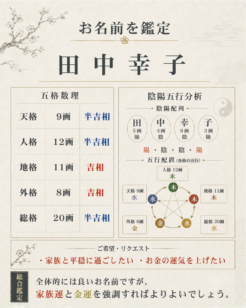 姓名鑑定のサンプル。画数の傾向と設計の土台が見える図